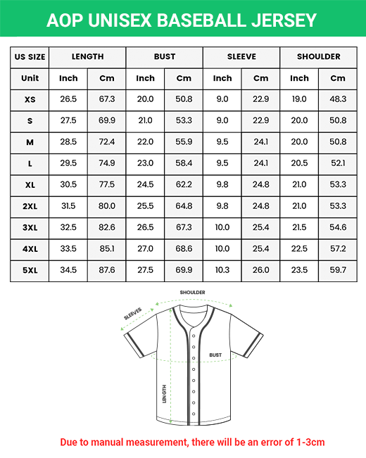 ALL OVER PRINT UNISEX BASEBALL JERSEY SIZE CHART